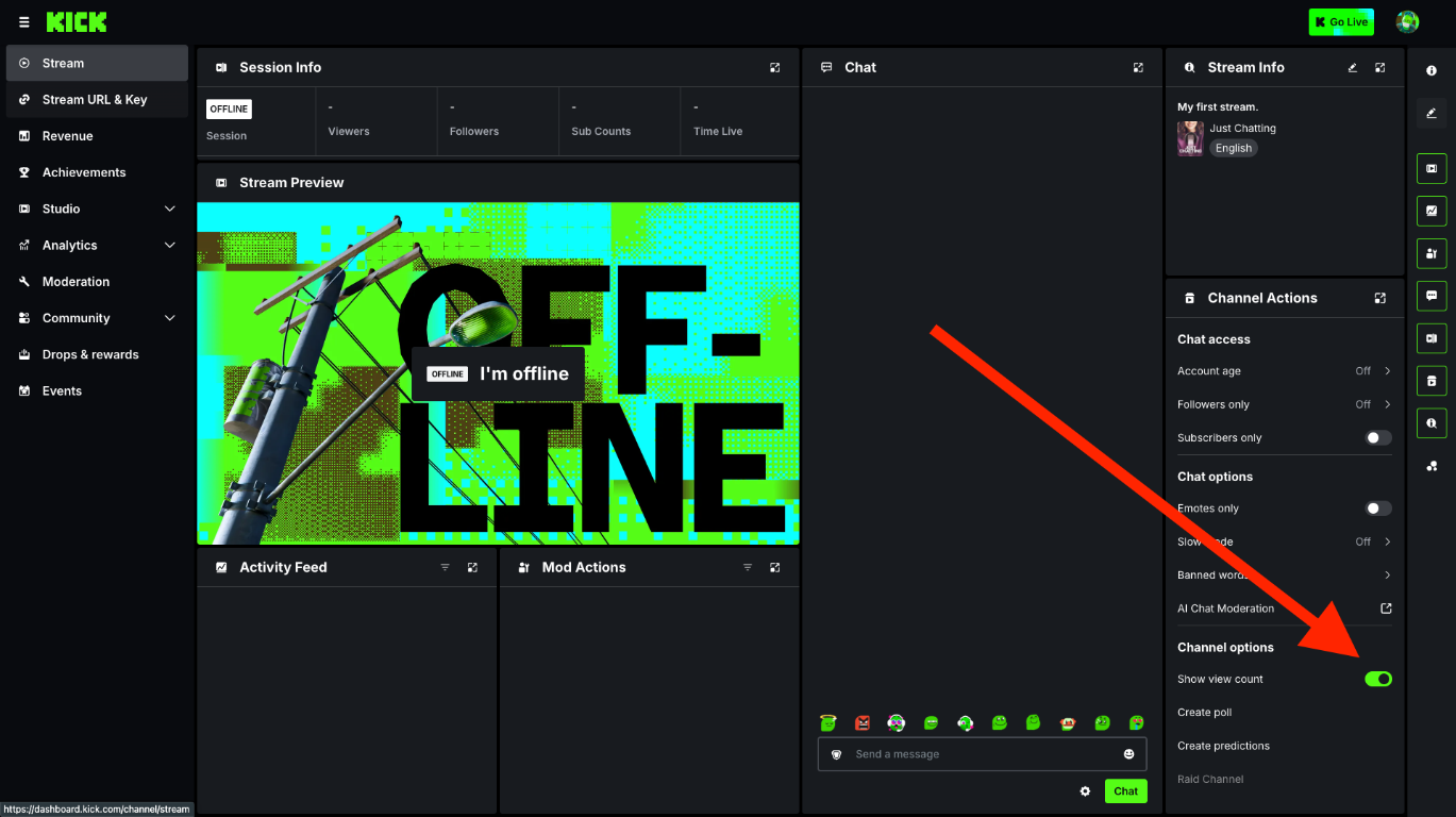 Kick creator dashboard with an arrow pointing to the Show view count toggle in Channel Actions